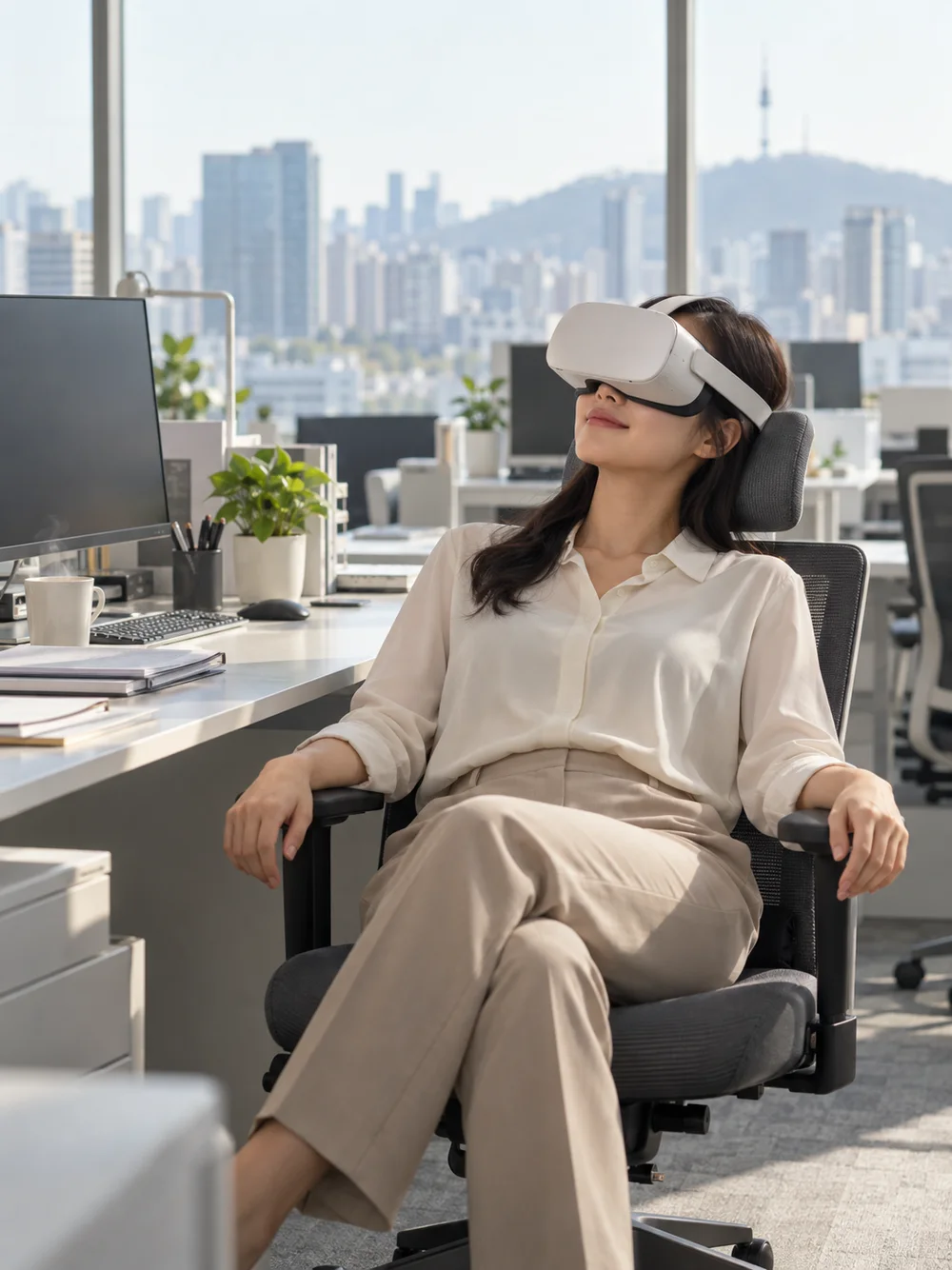사무실 책상 옆에서 VR 헤드셋을 쓰고 잠깐 쉬는 모습