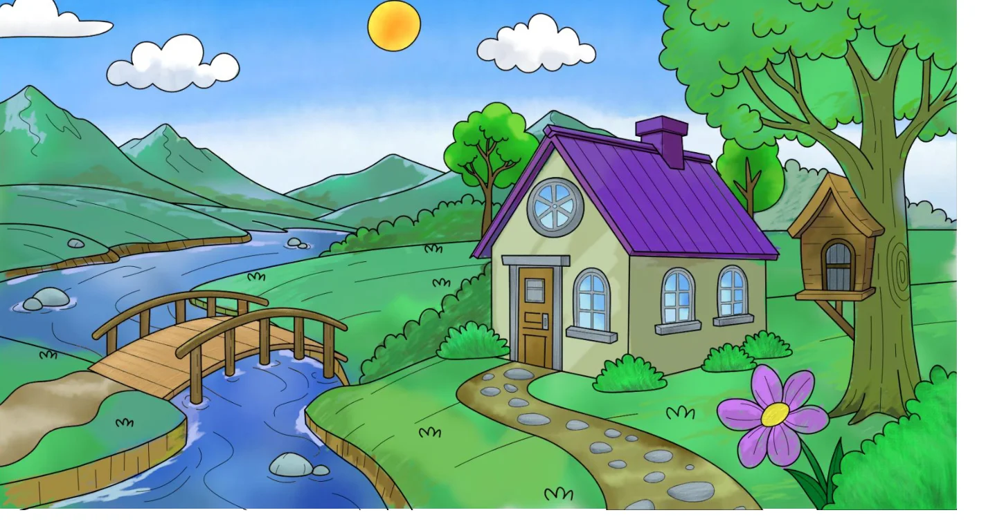 Finished painting: hillside house