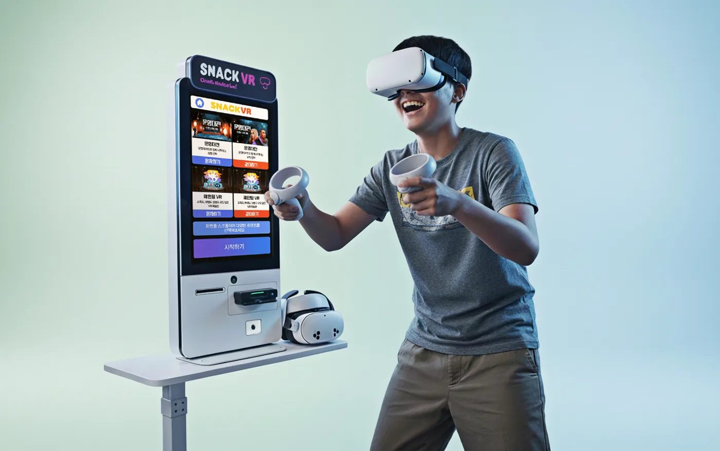 A visitor playing the Snack VR kiosk